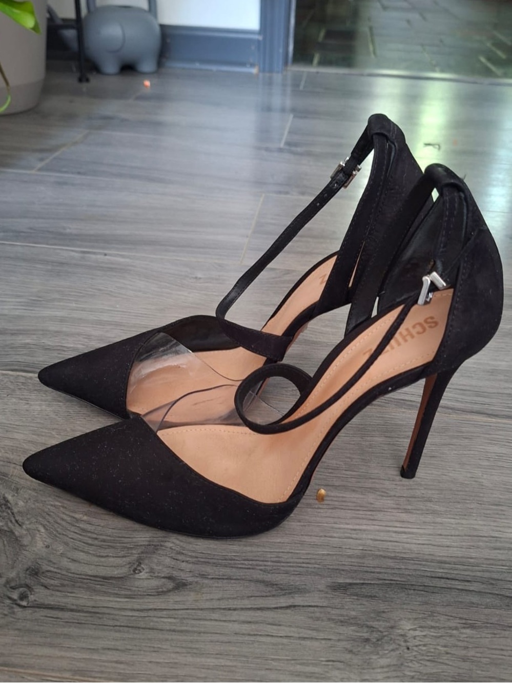SCHUTZ Nissy Black Pointed Toe Ankle Strap Pumps with Clear Panel - Picture 3 of 6